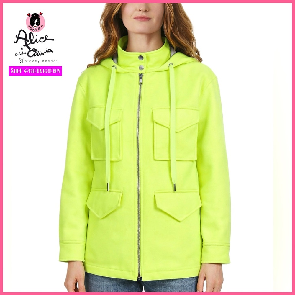 Alice + Olivia Russo Neon Yellow Green Drawstring Oversized Hooded Jacket Coat